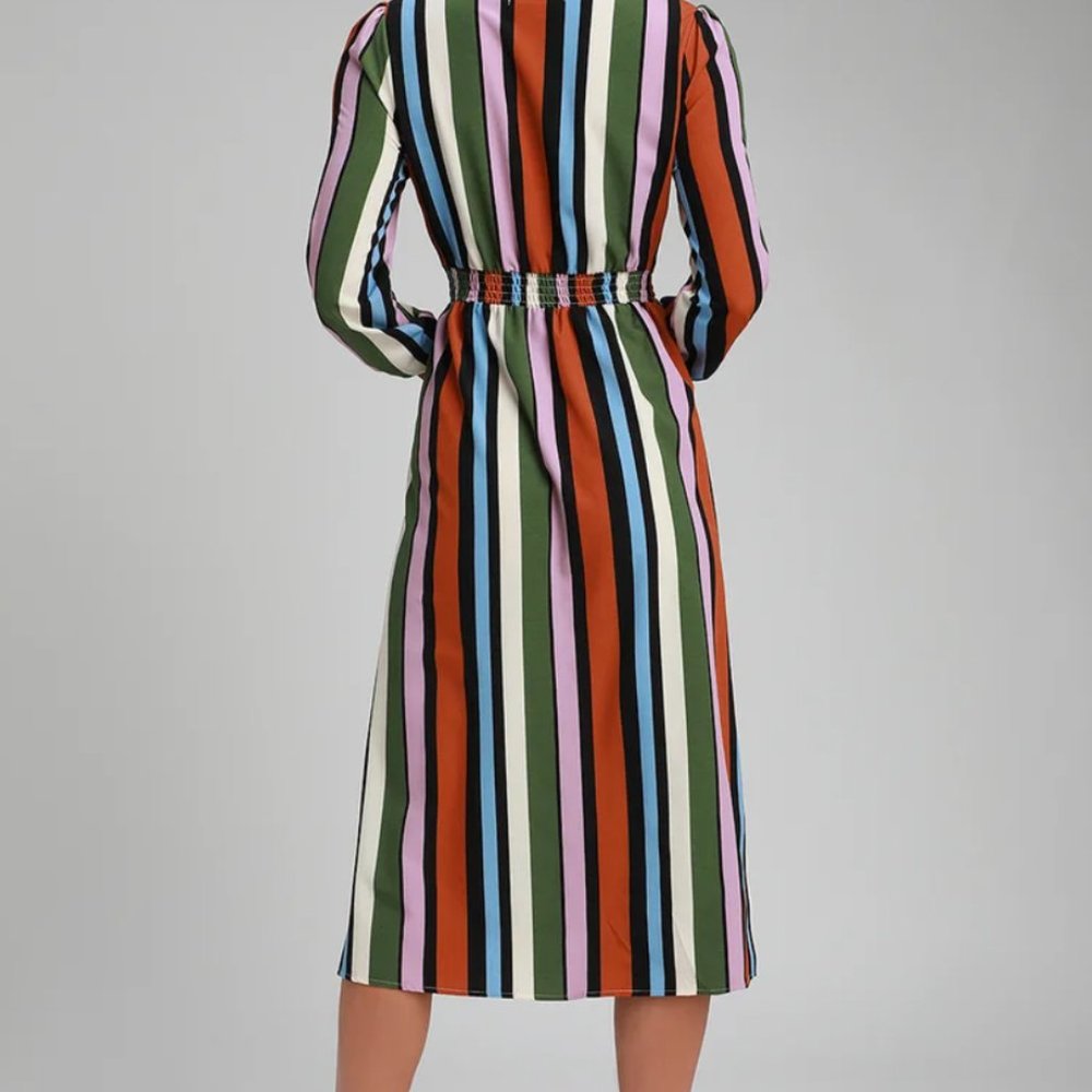 Rust Orange Multi Striped Button-Up Midi Dress - image 3